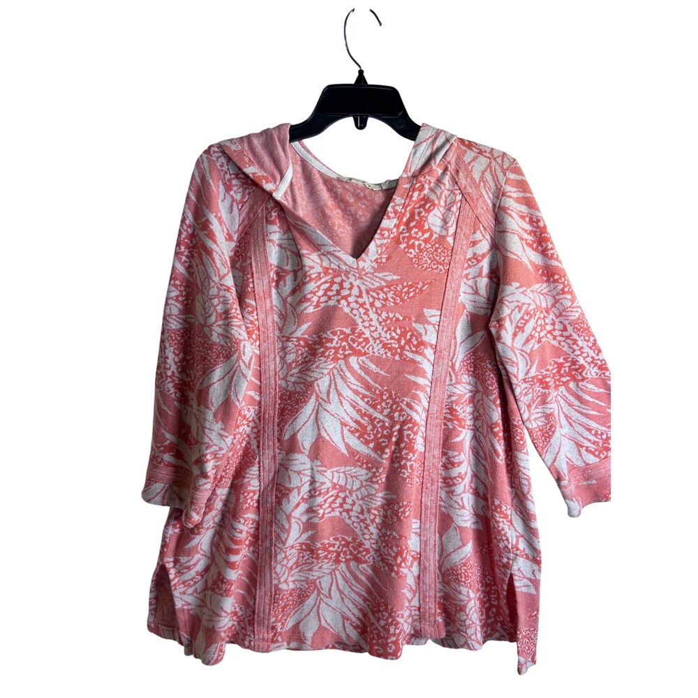 Soft Surroundings Hooded Tunic M Coral Tropical Floral Leopard Print Women